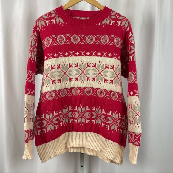 Holiday Large Oversized Snowflake Knit Crewneck Sweater Soft Pullover Ribbed - Picture 7 of 7